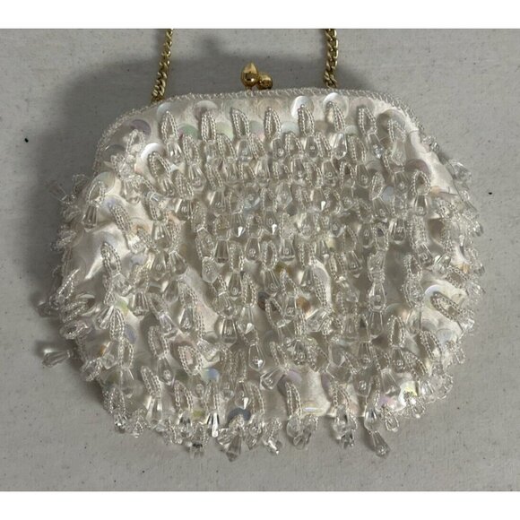 Vintage Looped Beads White Purse Hong Kong Gold Short Strap Chain - Picture 2 of 6